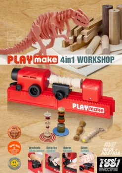 PLAYmake 4 In 1 Houtbewerkingsmachine Houtdraaibank -Speelwereld Verkoop Playmake Flyer speelactief