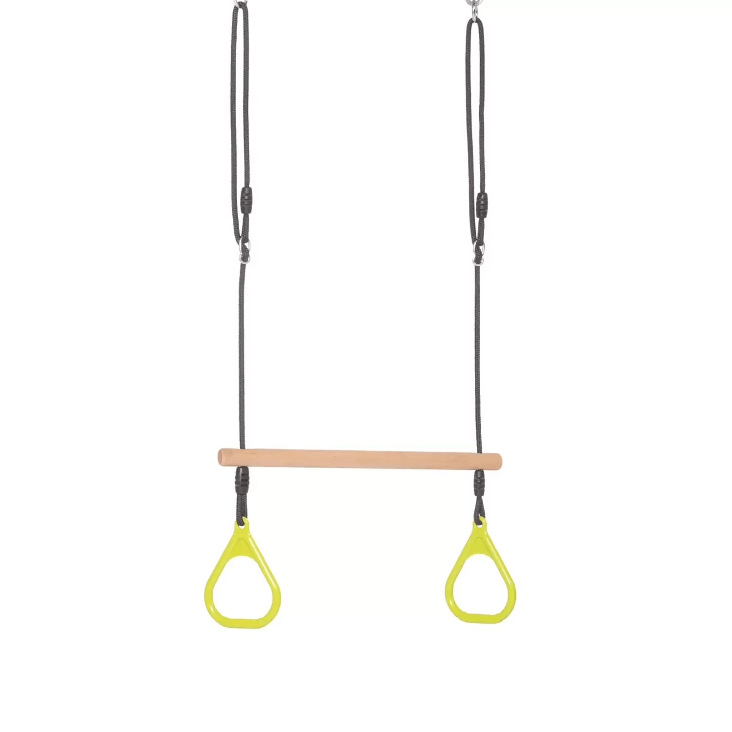 Houten Ringtrapeze Met Kunststof Ringen Limoengroen (black-rope) Gevlochten Touw 3 Houten Ringtrapeze Met Kunststof Ringen Limoengroen (black-rope) Gevlochten Touw
