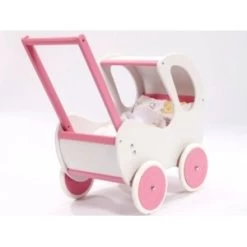 Houten Poppenwagen De Luxe White Incl. Dekbed / Slaapzak -Speelwereld Verkoop houten poppenwagen met kap pallas wit rose 1